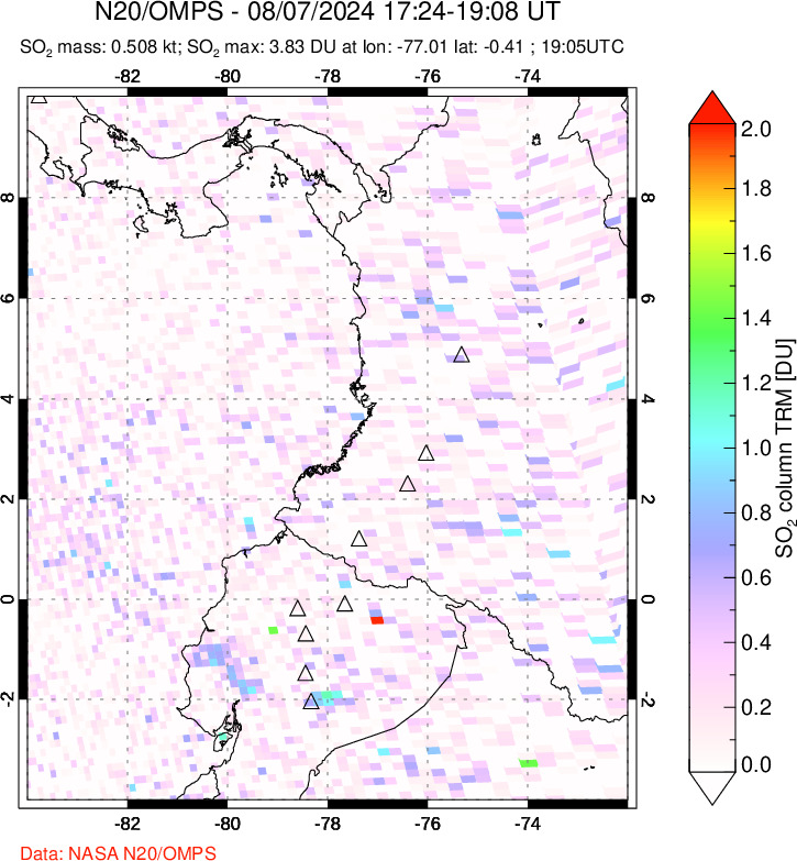 A sulfur dioxide image over Ecuador on Aug 07, 2024.