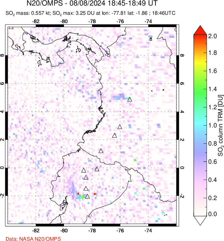 A sulfur dioxide image over Ecuador on Aug 08, 2024.