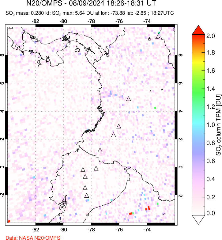 A sulfur dioxide image over Ecuador on Aug 09, 2024.