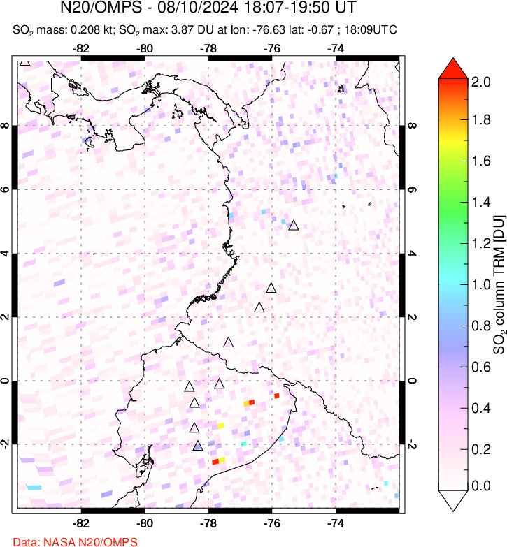 A sulfur dioxide image over Ecuador on Aug 10, 2024.