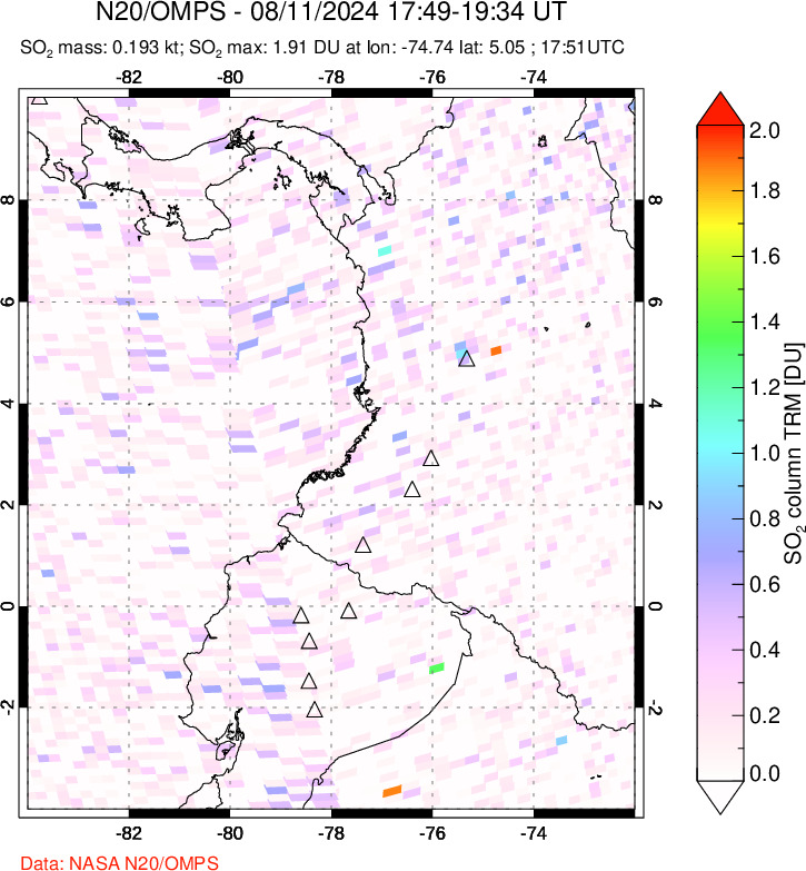 A sulfur dioxide image over Ecuador on Aug 11, 2024.