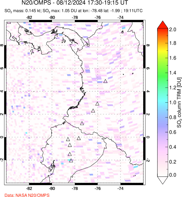 A sulfur dioxide image over Ecuador on Aug 12, 2024.