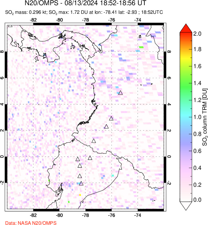 A sulfur dioxide image over Ecuador on Aug 13, 2024.