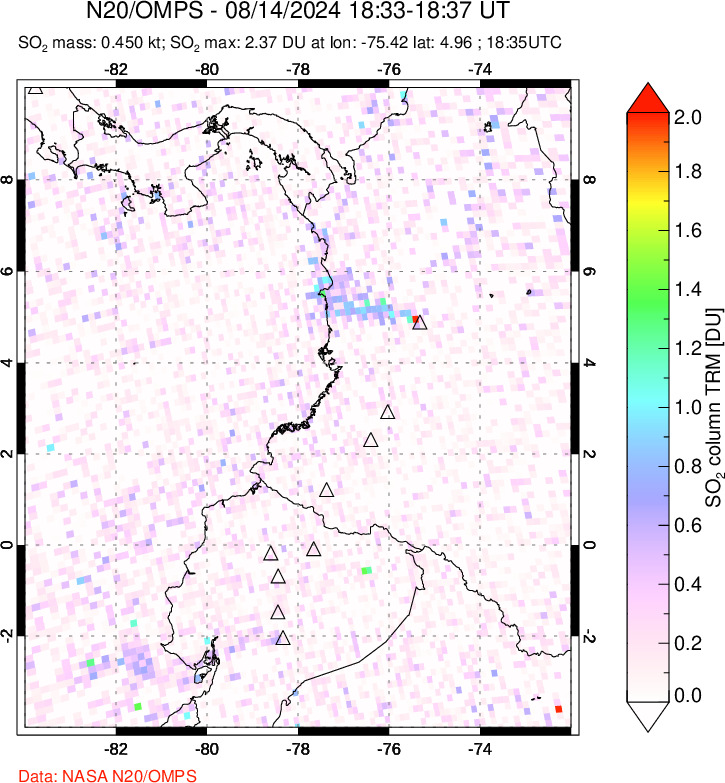 A sulfur dioxide image over Ecuador on Aug 14, 2024.