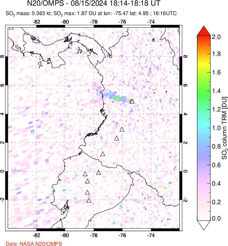 A sulfur dioxide image over Ecuador on Aug 15, 2024.