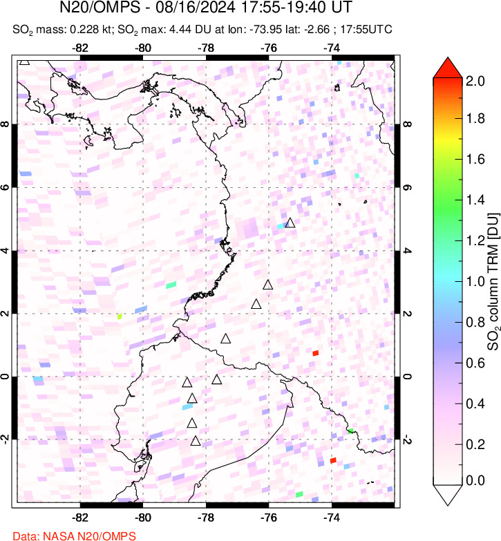 A sulfur dioxide image over Ecuador on Aug 16, 2024.