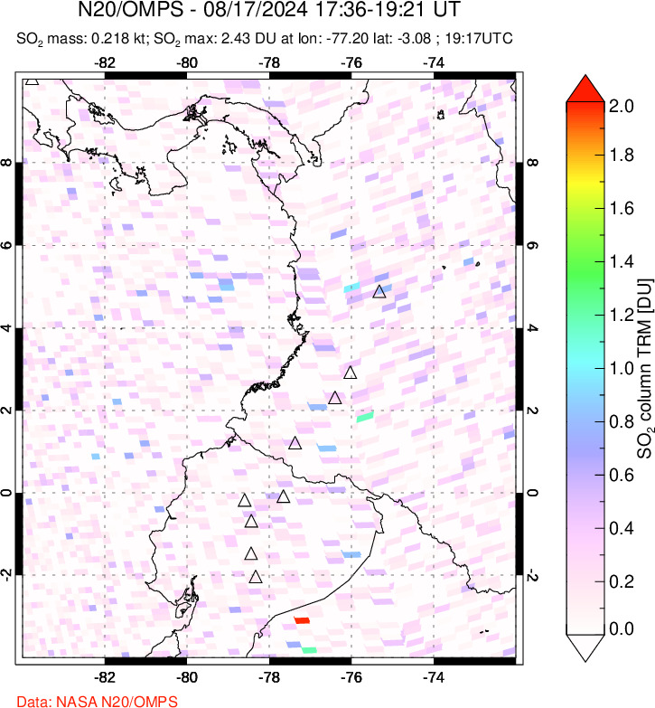 A sulfur dioxide image over Ecuador on Aug 17, 2024.