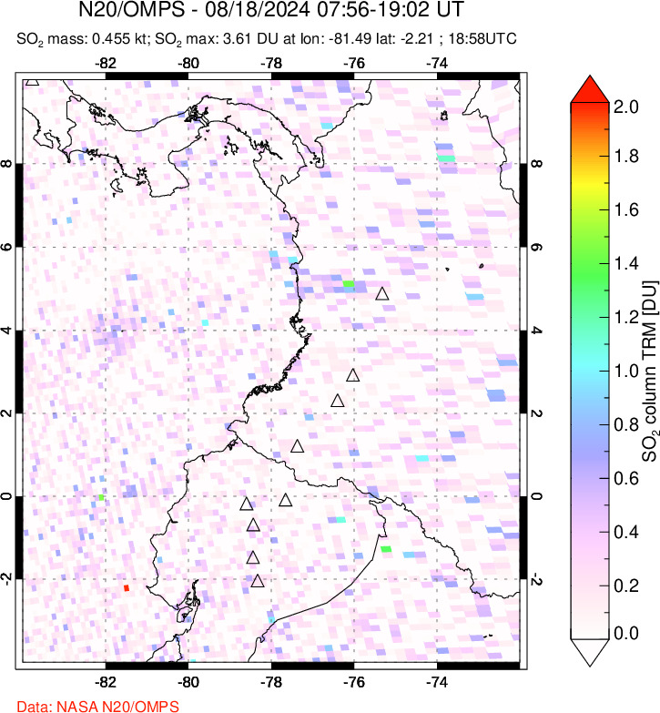 A sulfur dioxide image over Ecuador on Aug 18, 2024.