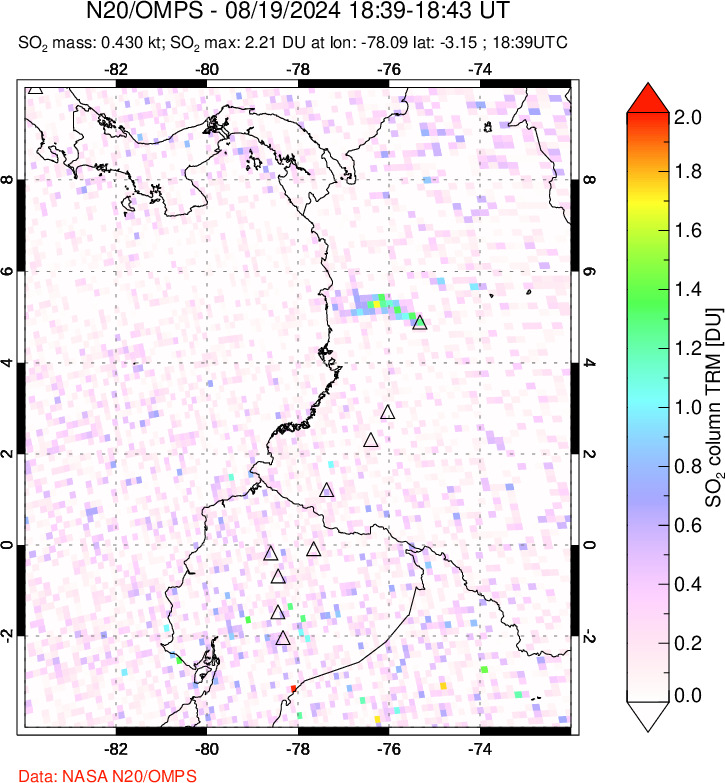 A sulfur dioxide image over Ecuador on Aug 19, 2024.