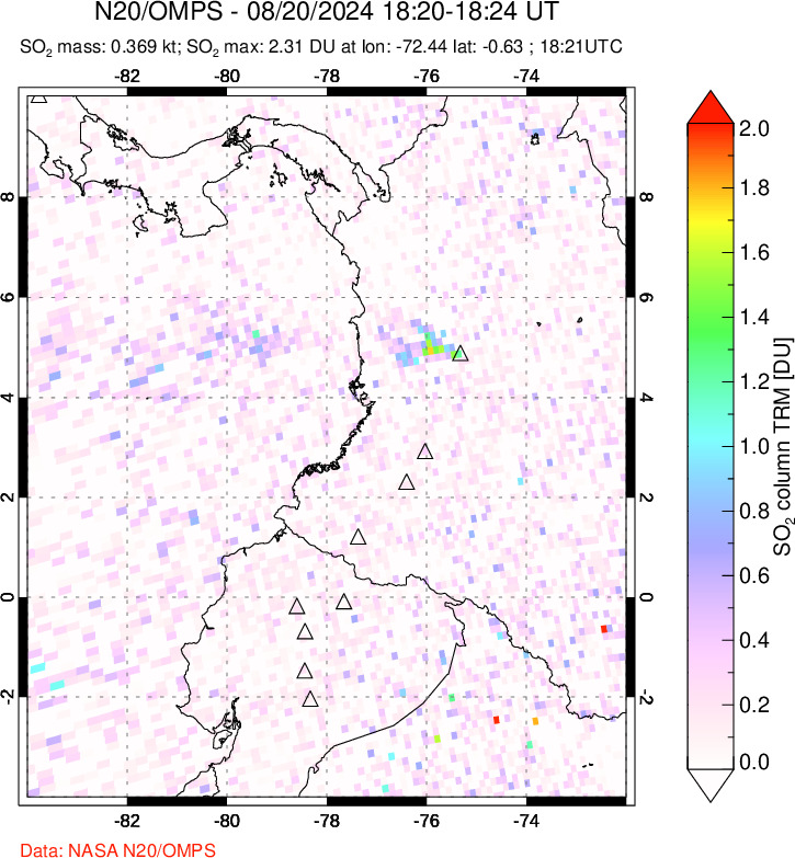 A sulfur dioxide image over Ecuador on Aug 20, 2024.