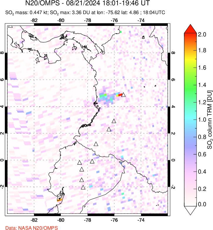 A sulfur dioxide image over Ecuador on Aug 21, 2024.