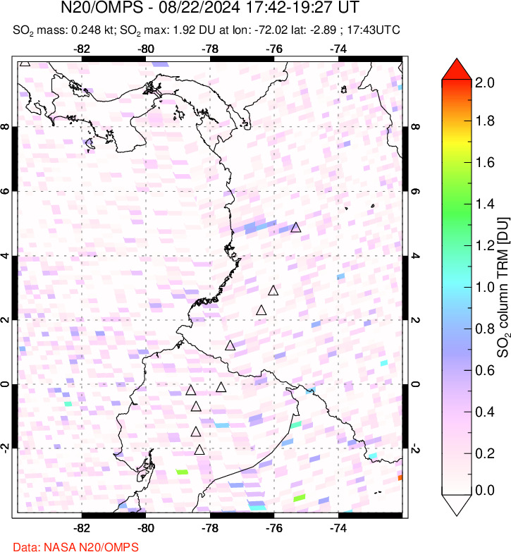 A sulfur dioxide image over Ecuador on Aug 22, 2024.