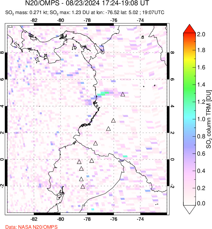 A sulfur dioxide image over Ecuador on Aug 23, 2024.