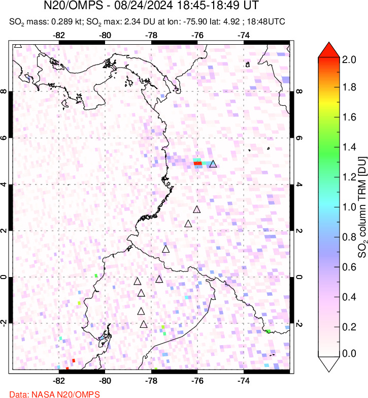 A sulfur dioxide image over Ecuador on Aug 24, 2024.