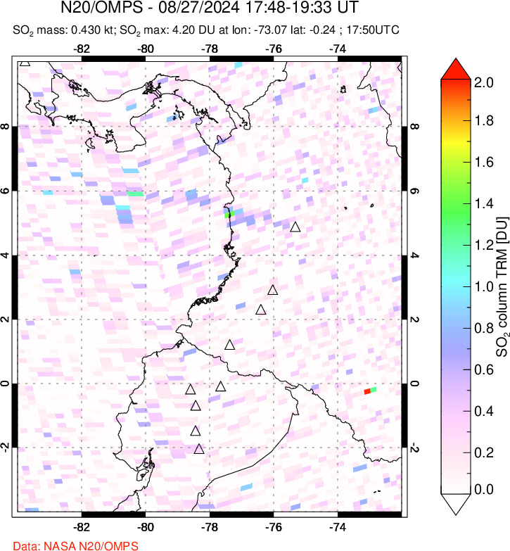 A sulfur dioxide image over Ecuador on Aug 27, 2024.