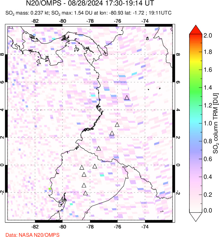 A sulfur dioxide image over Ecuador on Aug 28, 2024.