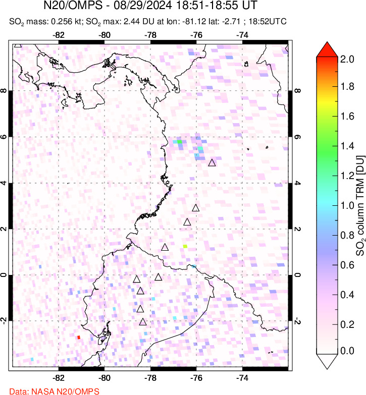 A sulfur dioxide image over Ecuador on Aug 29, 2024.