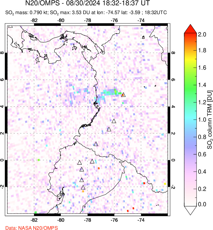 A sulfur dioxide image over Ecuador on Aug 30, 2024.