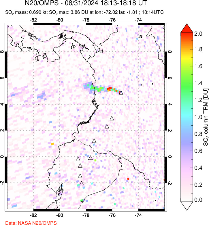 A sulfur dioxide image over Ecuador on Aug 31, 2024.