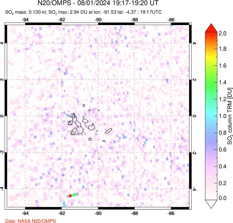 A sulfur dioxide image over Galápagos Islands on Aug 01, 2024.