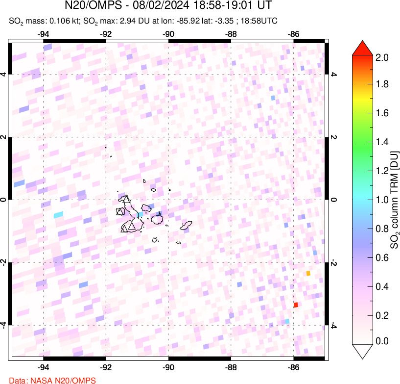 A sulfur dioxide image over Galápagos Islands on Aug 02, 2024.