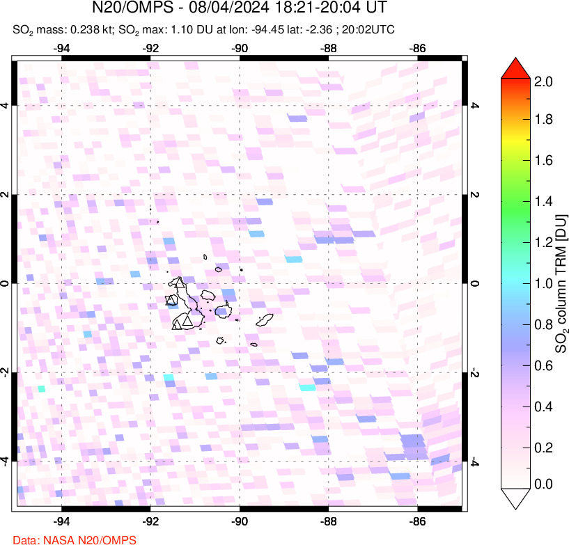 A sulfur dioxide image over Galápagos Islands on Aug 04, 2024.