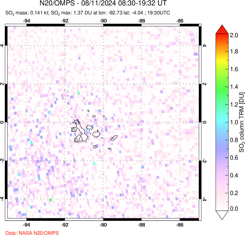 A sulfur dioxide image over Galápagos Islands on Aug 11, 2024.