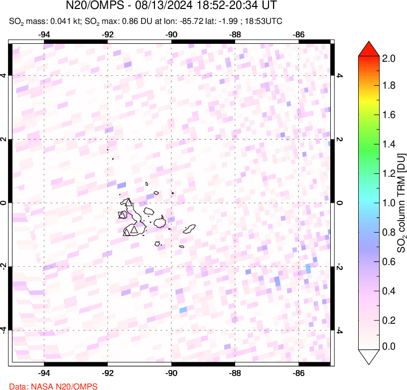 A sulfur dioxide image over Galápagos Islands on Aug 13, 2024.