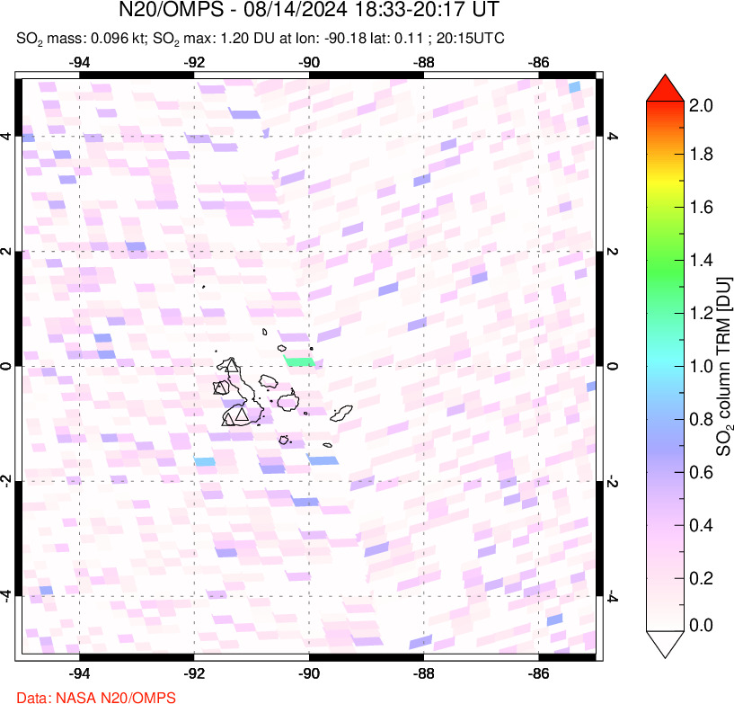 A sulfur dioxide image over Galápagos Islands on Aug 14, 2024.