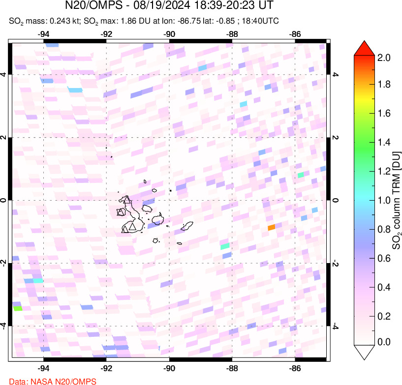 A sulfur dioxide image over Galápagos Islands on Aug 19, 2024.