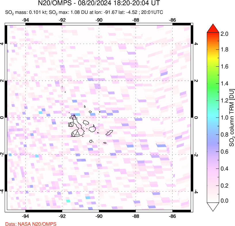 A sulfur dioxide image over Galápagos Islands on Aug 20, 2024.