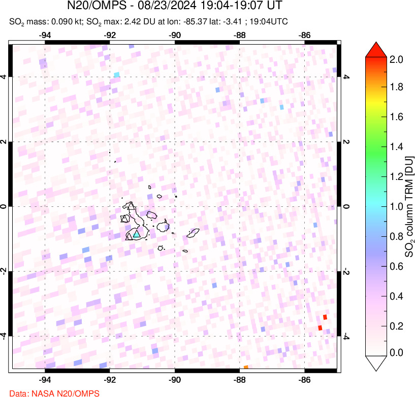 A sulfur dioxide image over Galápagos Islands on Aug 23, 2024.