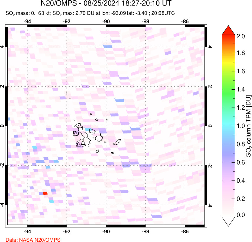 A sulfur dioxide image over Galápagos Islands on Aug 25, 2024.