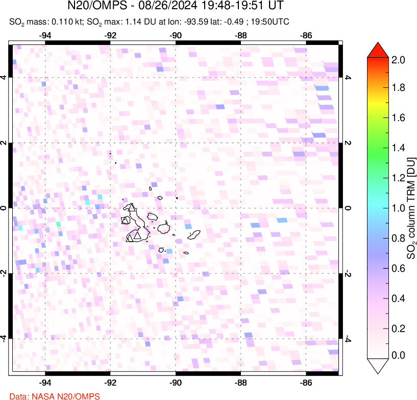 A sulfur dioxide image over Galápagos Islands on Aug 26, 2024.