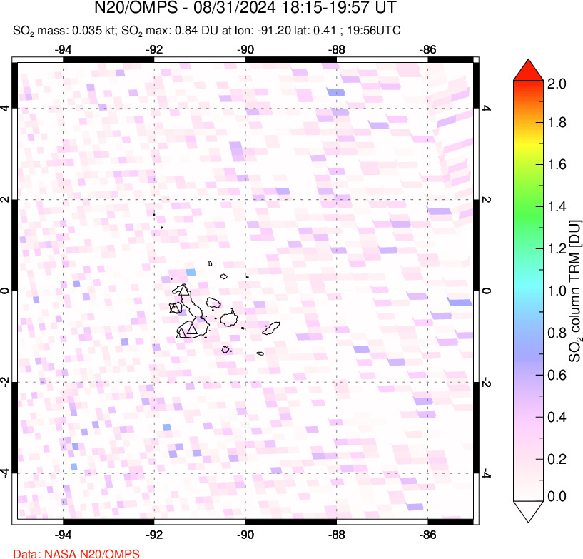 A sulfur dioxide image over Galápagos Islands on Aug 31, 2024.