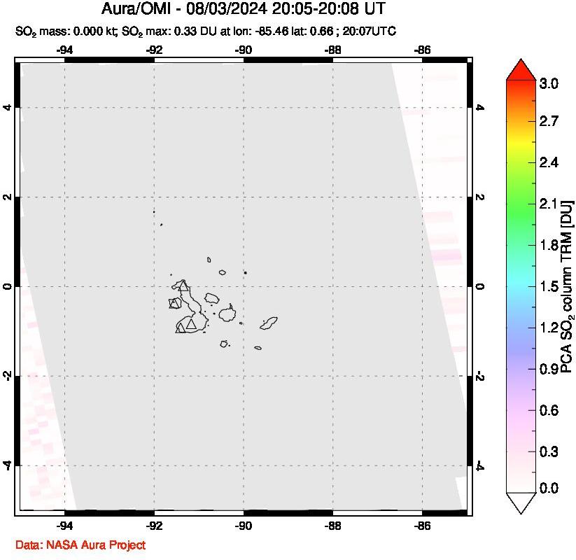 A sulfur dioxide image over Galápagos Islands on Aug 03, 2024.