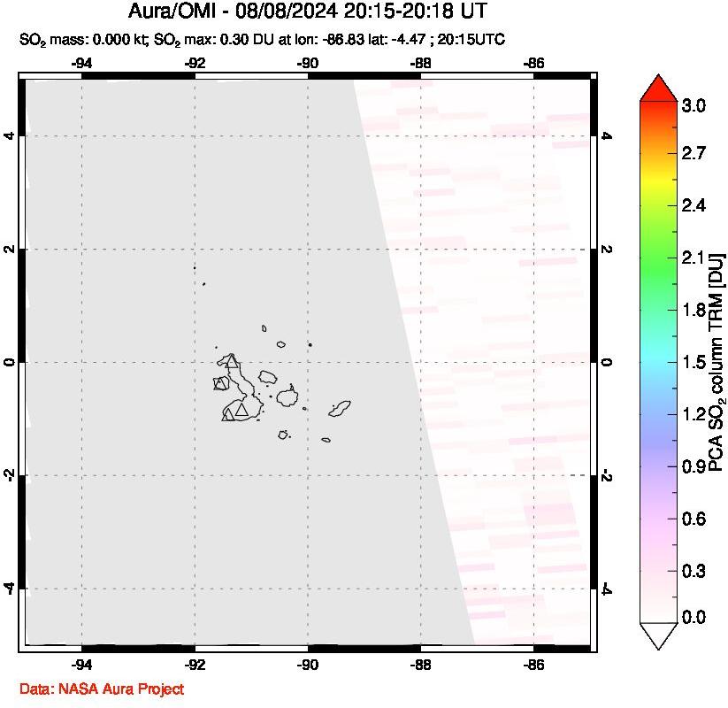 A sulfur dioxide image over Galápagos Islands on Aug 08, 2024.