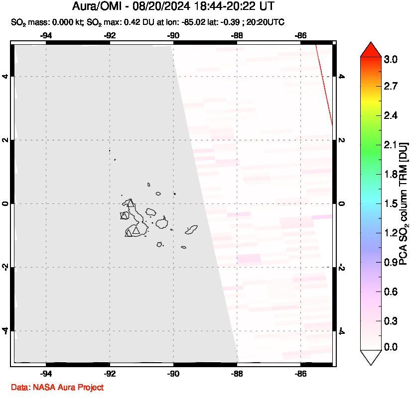 A sulfur dioxide image over Galápagos Islands on Aug 20, 2024.