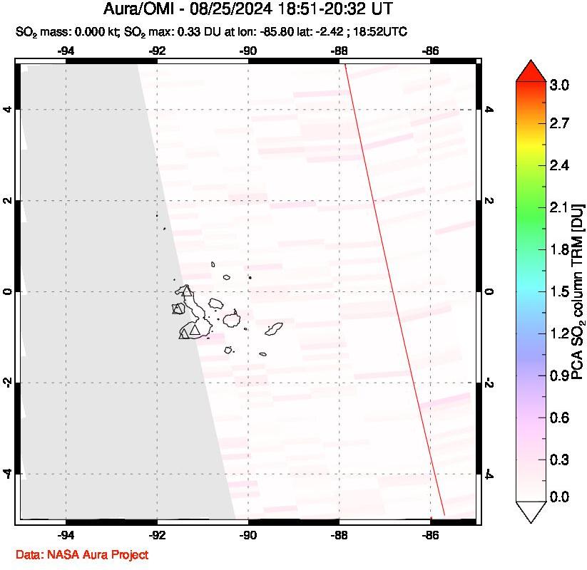 A sulfur dioxide image over Galápagos Islands on Aug 25, 2024.