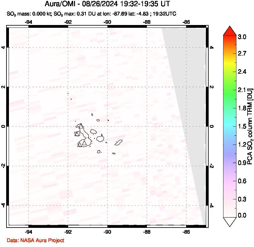 A sulfur dioxide image over Galápagos Islands on Aug 26, 2024.