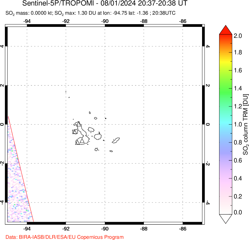 A sulfur dioxide image over Galápagos Islands on Aug 01, 2024.