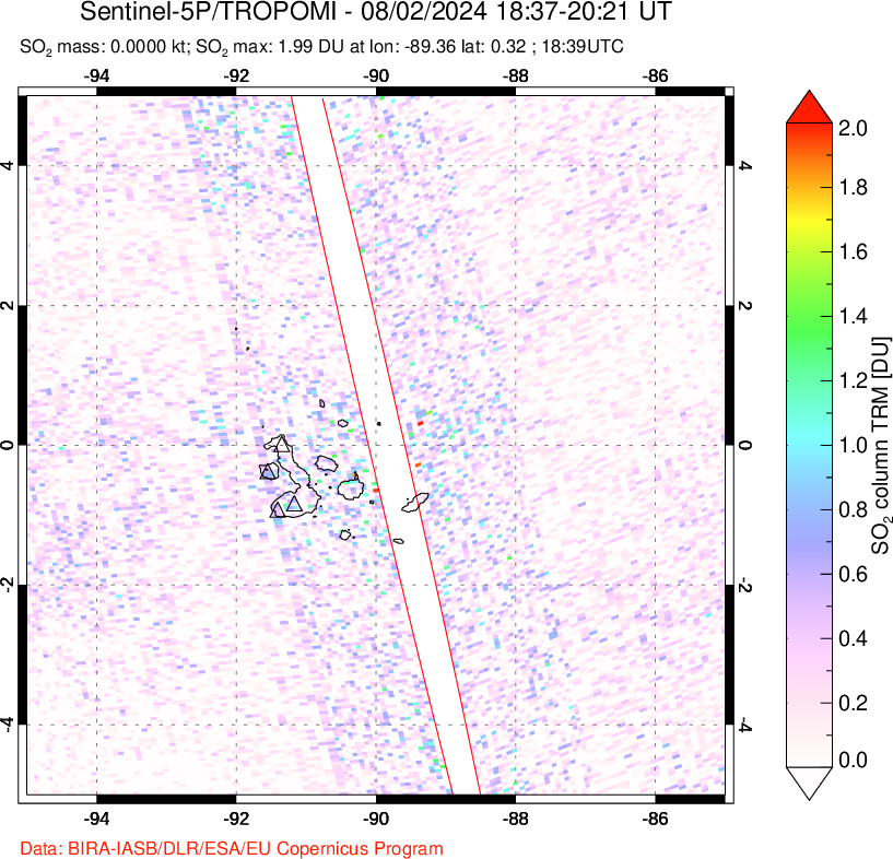 A sulfur dioxide image over Galápagos Islands on Aug 02, 2024.