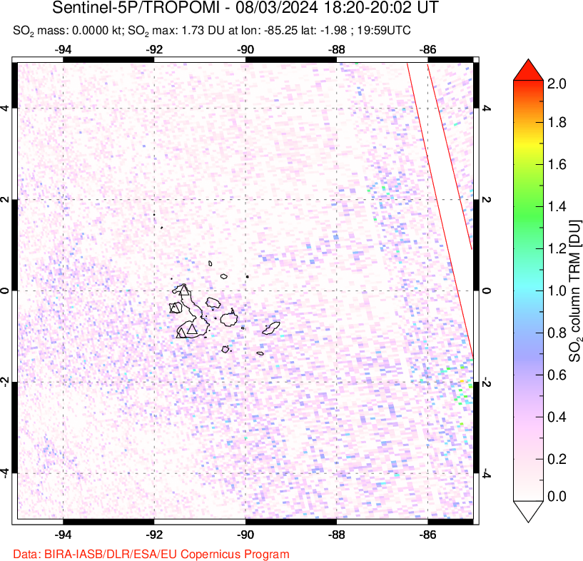 A sulfur dioxide image over Galápagos Islands on Aug 03, 2024.