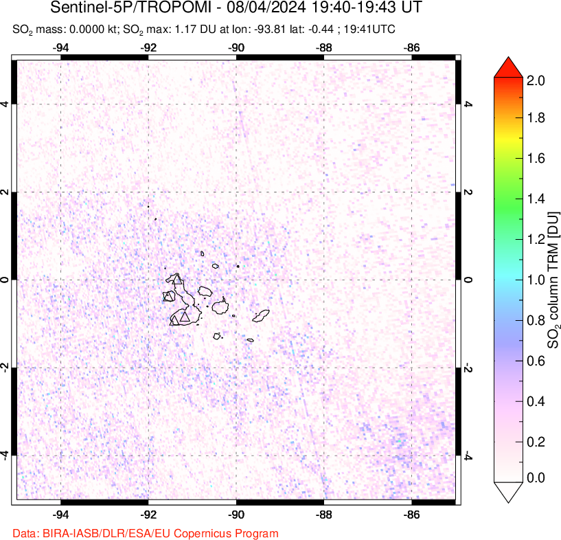 A sulfur dioxide image over Galápagos Islands on Aug 04, 2024.