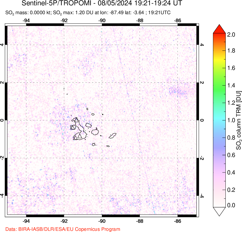 A sulfur dioxide image over Galápagos Islands on Aug 05, 2024.