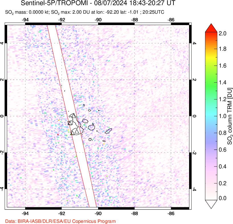 A sulfur dioxide image over Galápagos Islands on Aug 07, 2024.