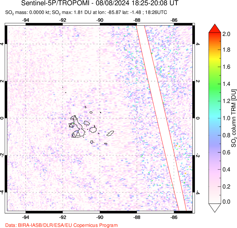 A sulfur dioxide image over Galápagos Islands on Aug 08, 2024.