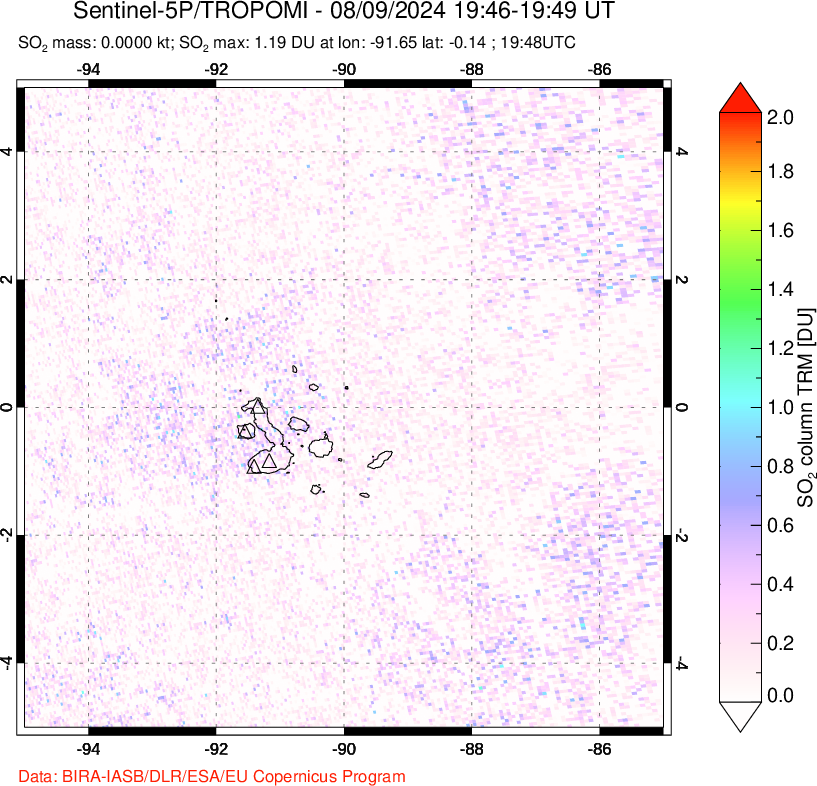 A sulfur dioxide image over Galápagos Islands on Aug 09, 2024.