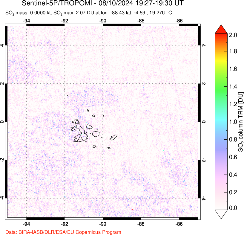 A sulfur dioxide image over Galápagos Islands on Aug 10, 2024.