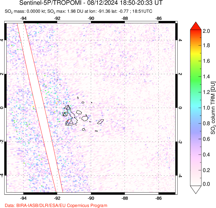 A sulfur dioxide image over Galápagos Islands on Aug 12, 2024.